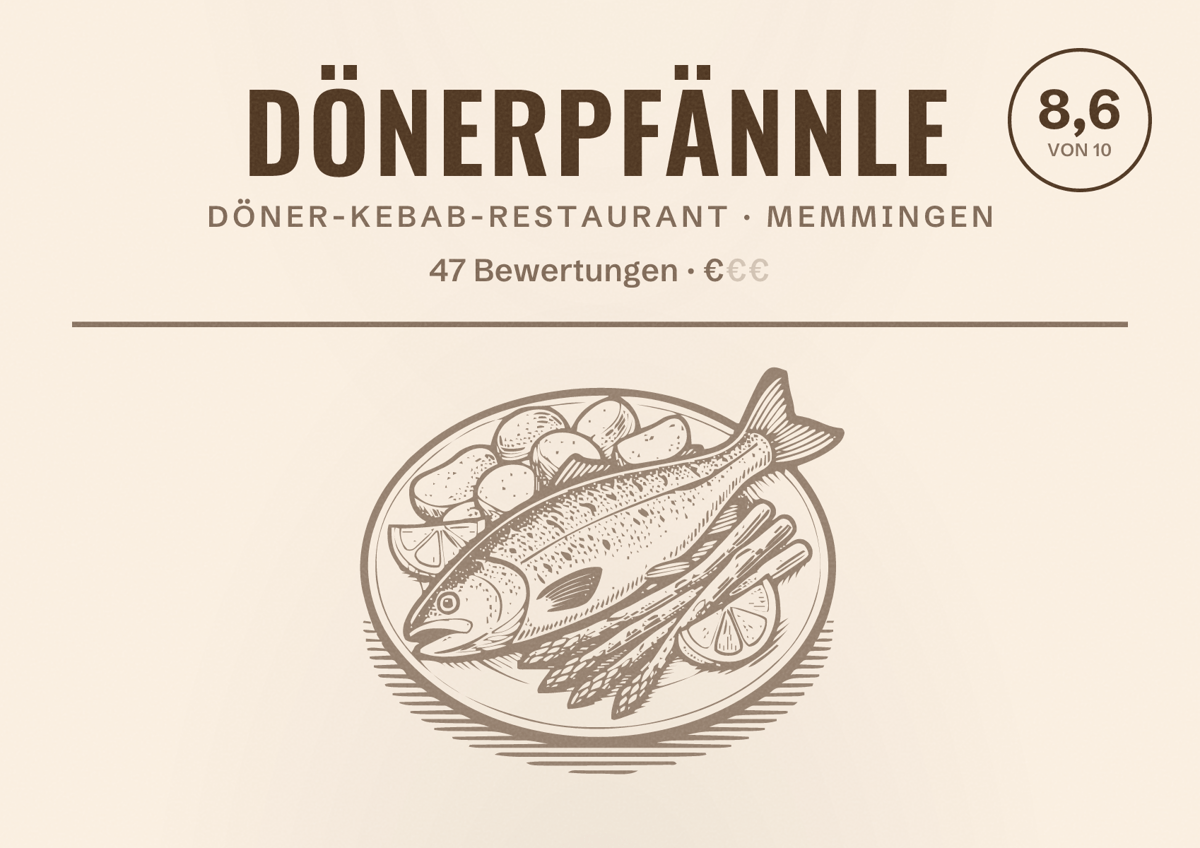 Illustriertes Poster von Dönerpfännle, Döner-Kebab-Restaurant in Memmingen: Bewertung 8,6 von 10 aus 47 Bewertungen, Preisniveau €