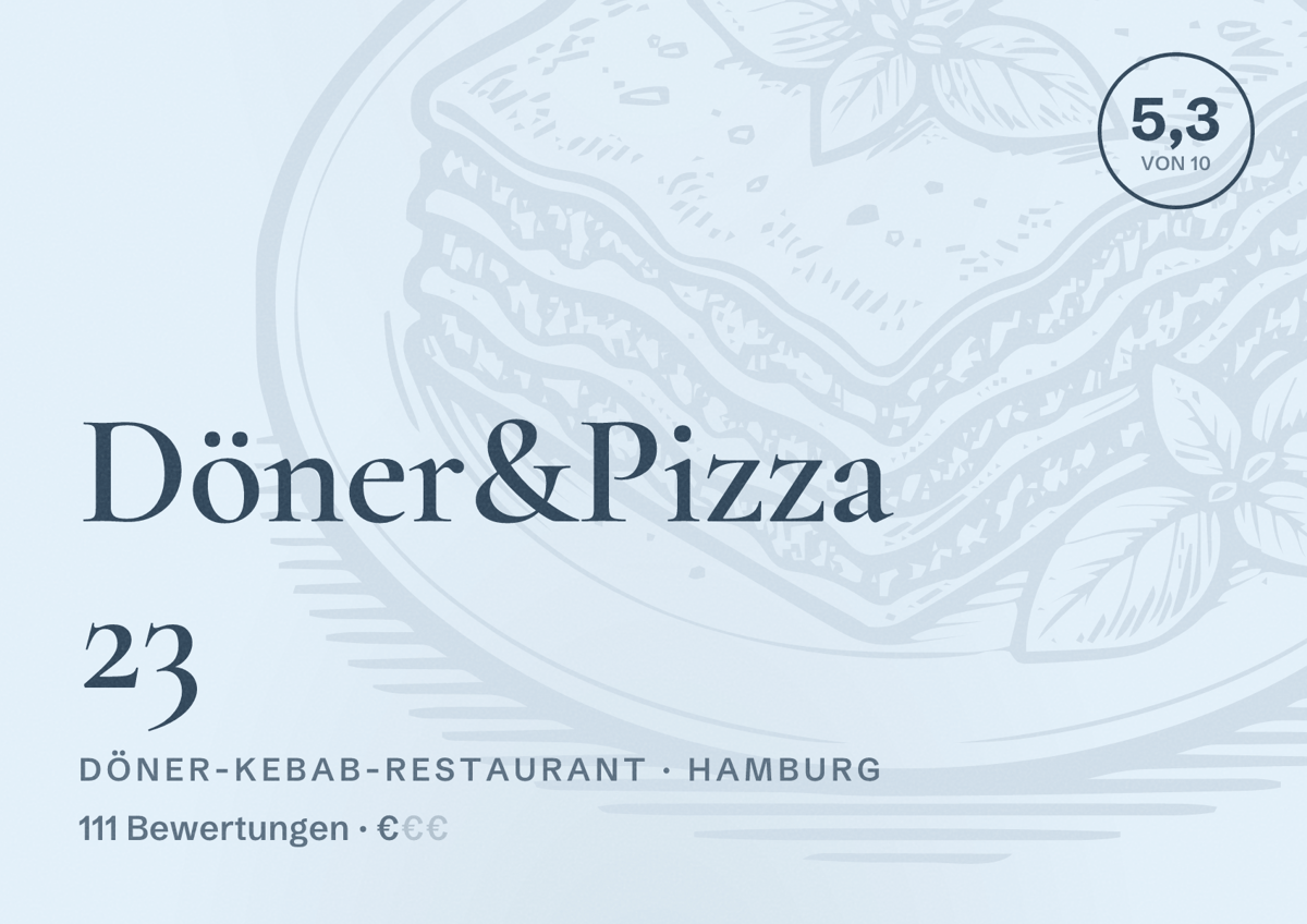 Illustriertes Poster von Döner&Pizza 23, Döner-Kebab-Restaurant in Hamburg: Bewertung 5,3 von 10 aus 111 Bewertungen, Preisniveau €
