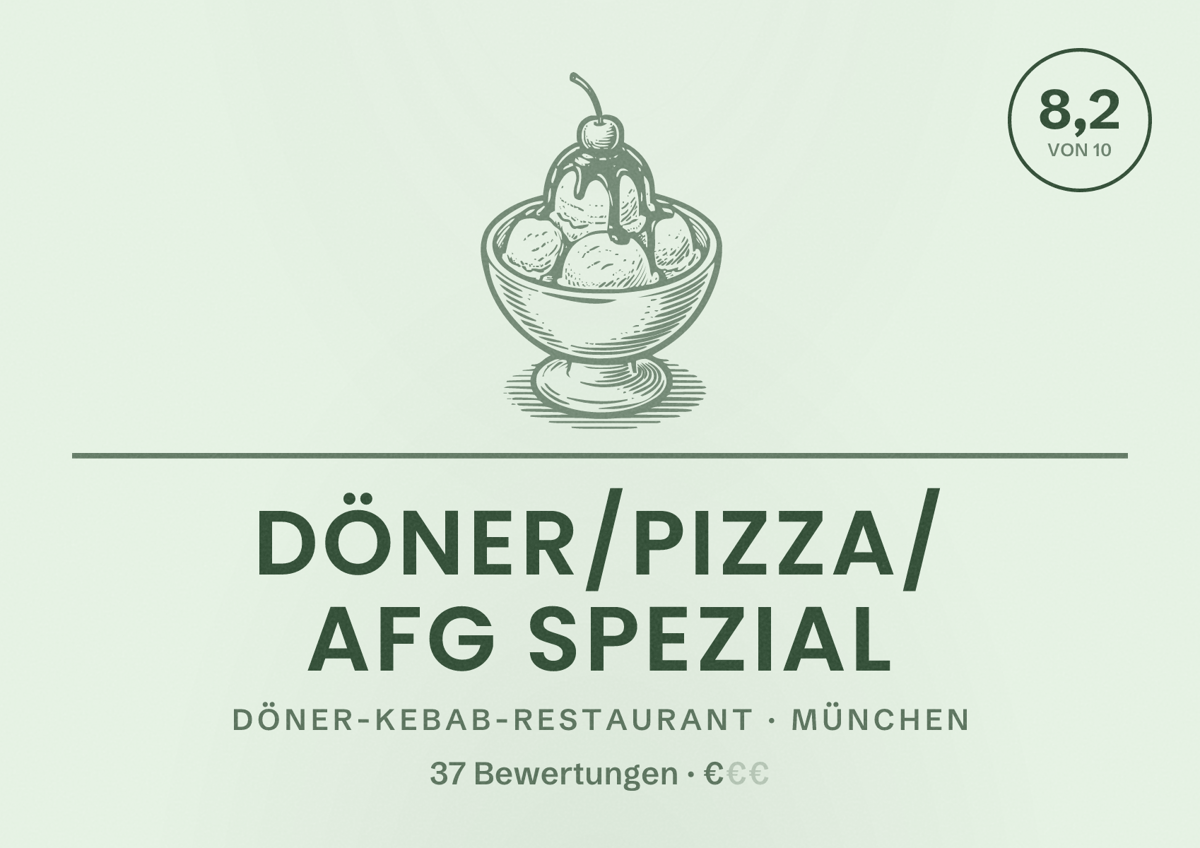 Illustriertes Poster von Döner/Pizza/ AFG Spezial, Döner-Kebab-Restaurant in München: Bewertung 8,2 von 10 aus 37 Bewertungen, Preisniveau €