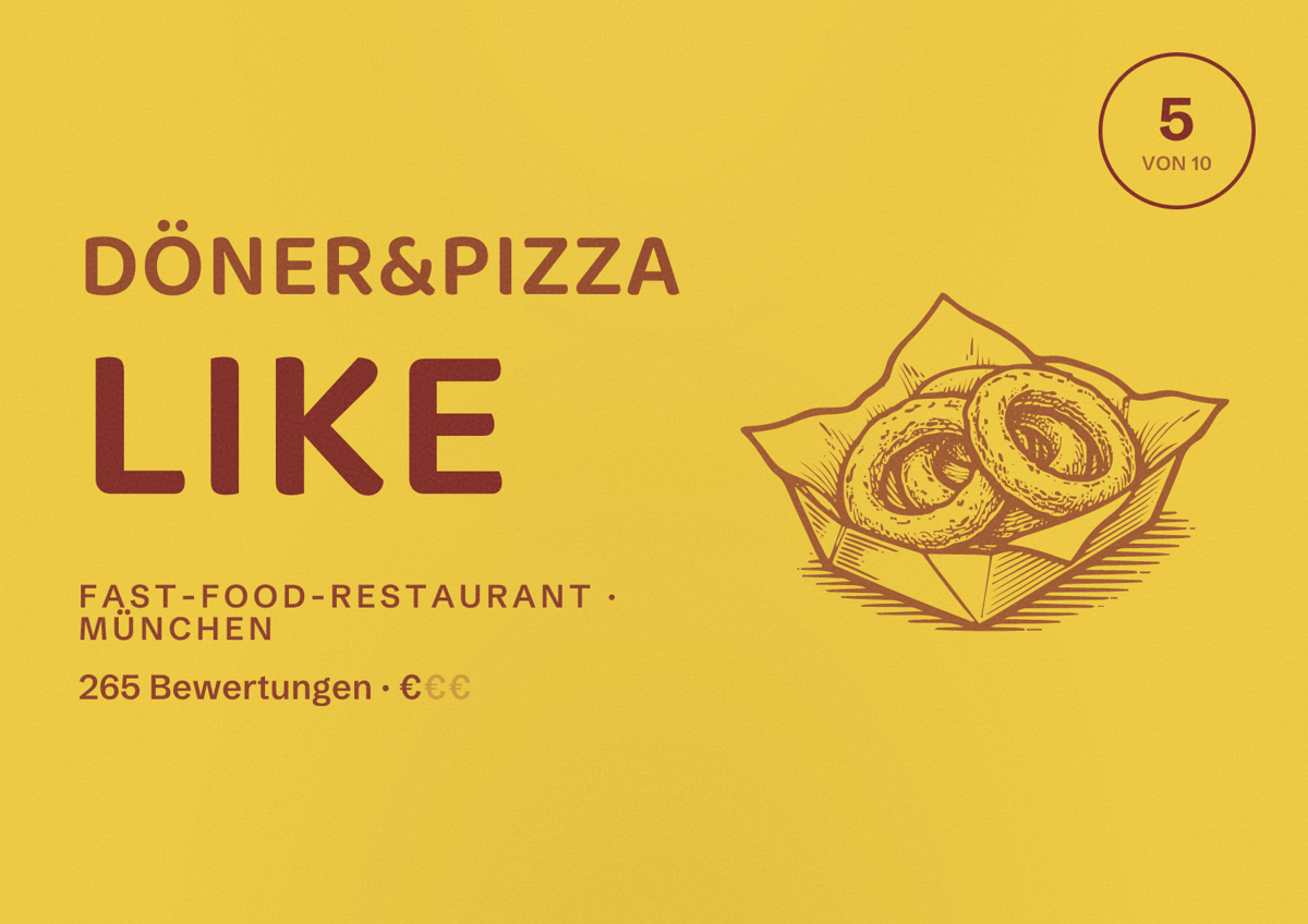 Illustriertes Poster von Döner&Pizza Like, Fast-Food-Restaurant in München: Bewertung 5,0 von 10 aus 265 Bewertungen, Preisniveau €