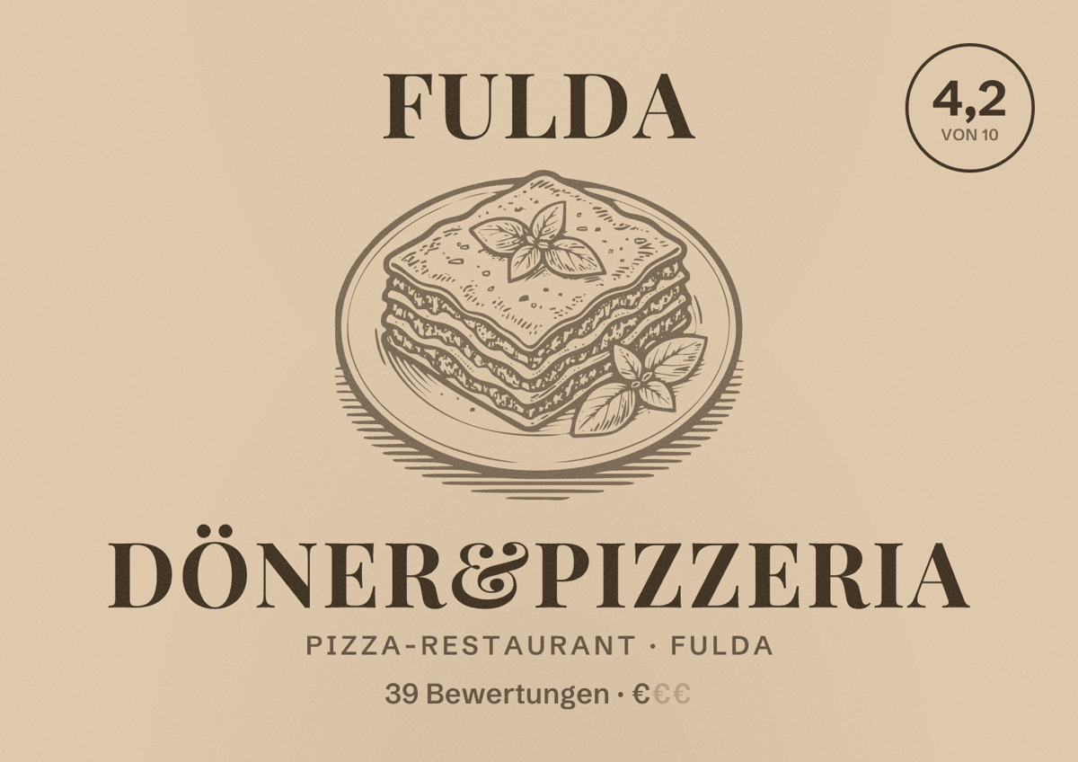 Illustriertes Poster von Fulda Döner&Pizzeria, Pizza-Restaurant in Fulda: Bewertung 4,2 von 10 aus 39 Bewertungen, Preisniveau €