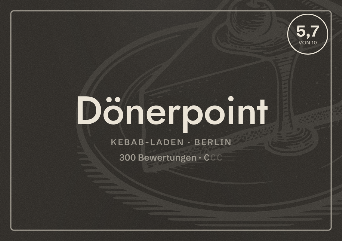 Illustriertes Poster von Dönerpoint, Kebab-Laden in Berlin: Bewertung 5,7 von 10 aus 300 Bewertungen, Preisniveau €