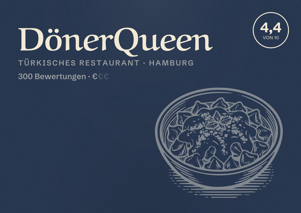 Illustriertes Poster von DönerQueen, Türkisches Restaurant in Hamburg: Bewertung 4,4 von 10 aus 300 Bewertungen, Preisniveau €