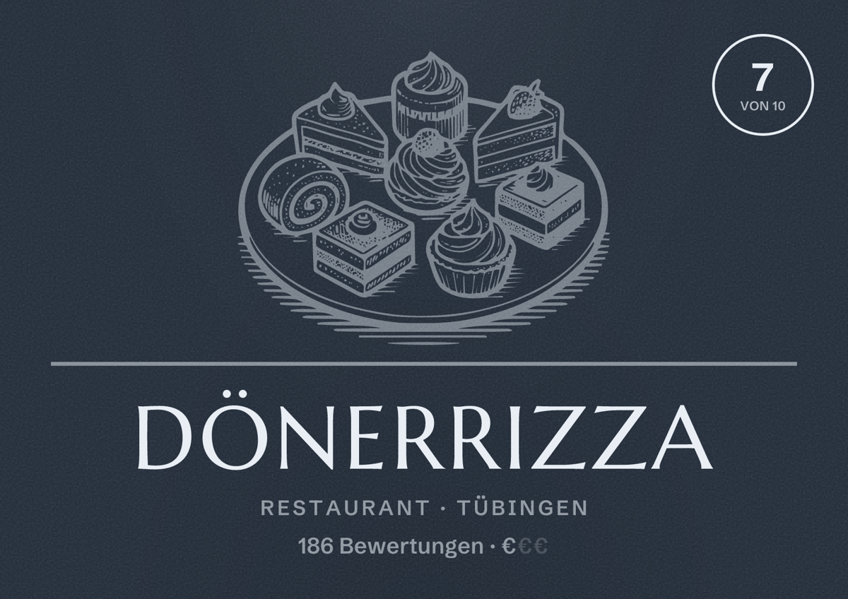 Illustriertes Poster von Dönerrizza, Restaurant in Tübingen: Bewertung 7 von 10 aus 186 Bewertungen, Preisniveau €