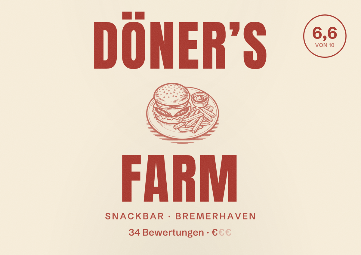 Illustriertes Poster von Döner’s Farm, Snackbar in Bremerhaven: Bewertung 6,6 von 10 aus 34 Bewertungen, Preisniveau €