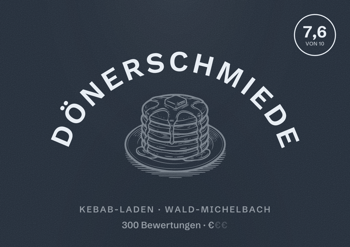 Illustriertes Poster von Dönerschmiede, Kebab-Laden in Wald-Michelbach: Bewertung 7,6 von 10 aus 300 Bewertungen, Preisniveau €