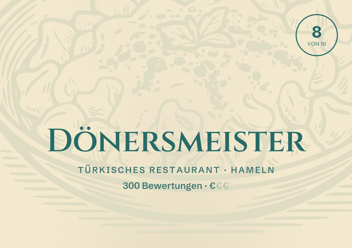 Illustriertes Poster von Dönersmeister, Türkisches Restaurant in Hameln: Bewertung 8 von 10 aus 300 Bewertungen, Preisniveau €