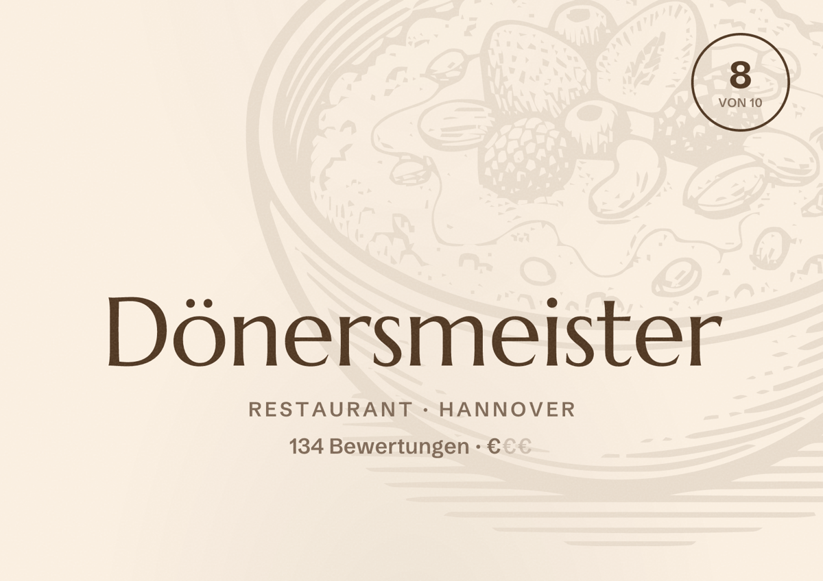 Illustriertes Poster von Dönersmeister, Restaurant in Hannover: Bewertung 8 von 10 aus 134 Bewertungen, Preisniveau €