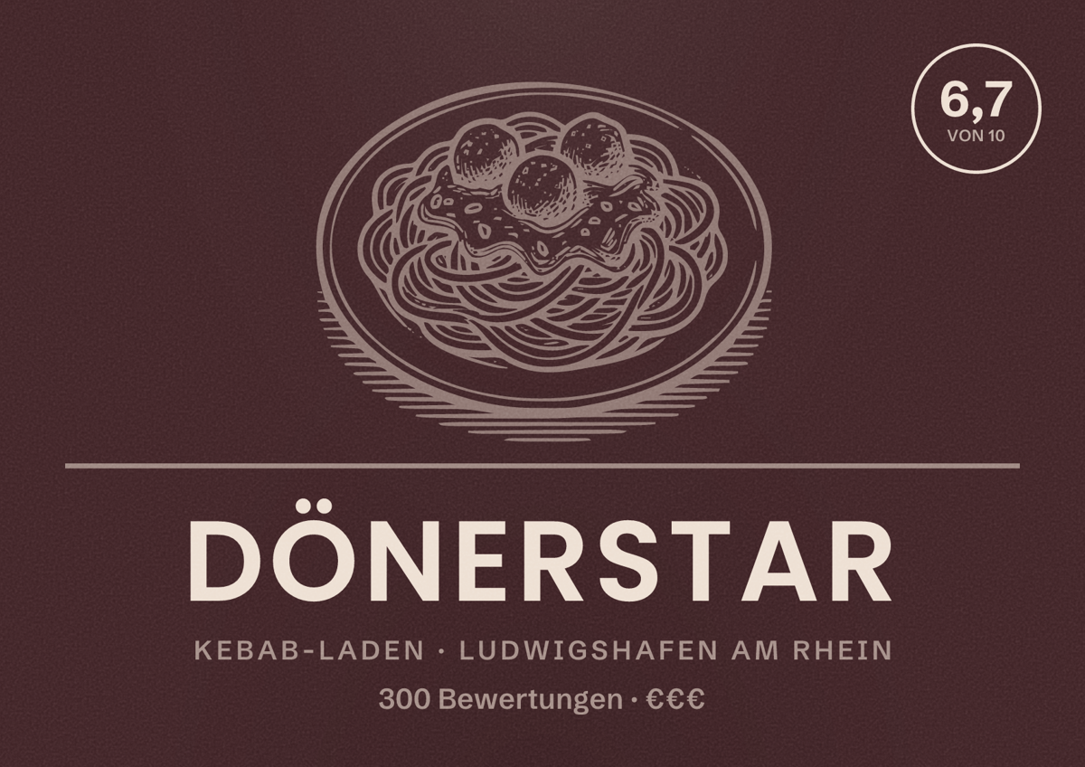 Illustriertes Poster von Dönerstar, Kebab-Laden in Ludwigshafen am Rhein: Bewertung 6,7 von 10 aus 300 Bewertungen, Preisniveau €€€