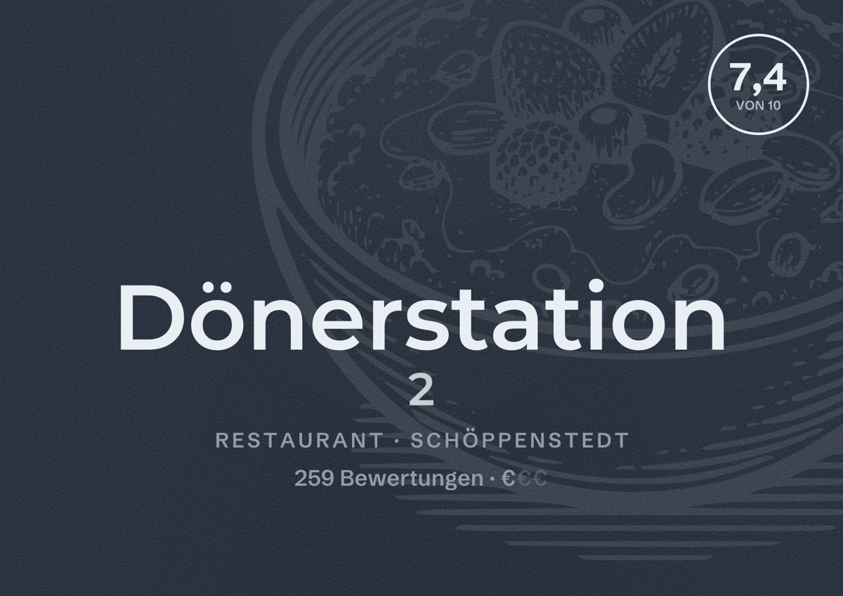 Illustriertes Poster von Dönerstation 2, Restaurant in Schöppenstedt: Bewertung 7,4 von 10 aus 259 Bewertungen, Preisniveau €