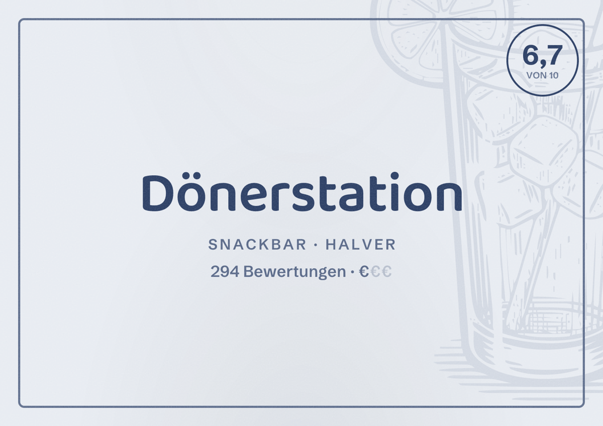 Illustriertes Poster von Dönerstation, Snackbar in Halver: Bewertung 6,7 von 10 aus 294 Bewertungen, Preisniveau €