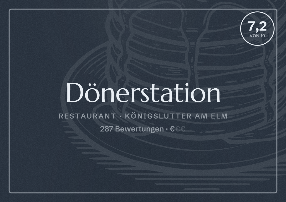 Illustriertes Poster von Dönerstation, Restaurant in Königslutter am Elm: Bewertung 7,2 von 10 aus 287 Bewertungen, Preisniveau €
