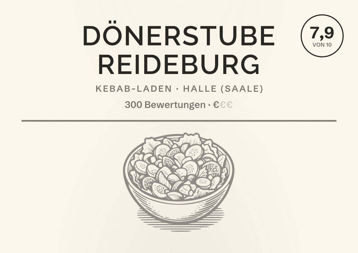 Illustriertes Poster von Dönerstube Reideburg, Kebab-Laden in Halle (Saale): Bewertung 7,9 von 10 aus 300 Bewertungen, Preisniveau €