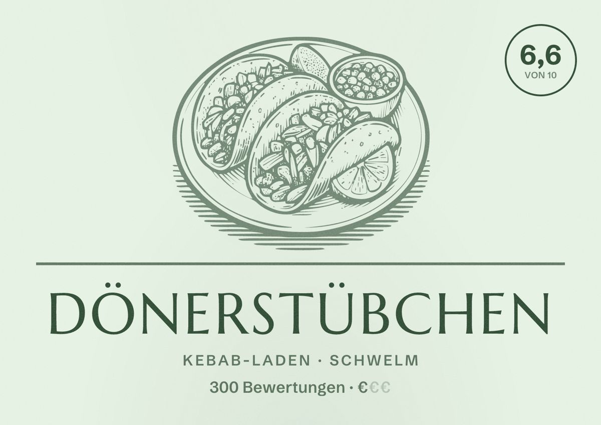 Illustriertes Poster von Dönerstübchen, Kebab-Laden in Schwelm: Bewertung 6,6 von 10 aus 300 Bewertungen, Preisniveau €