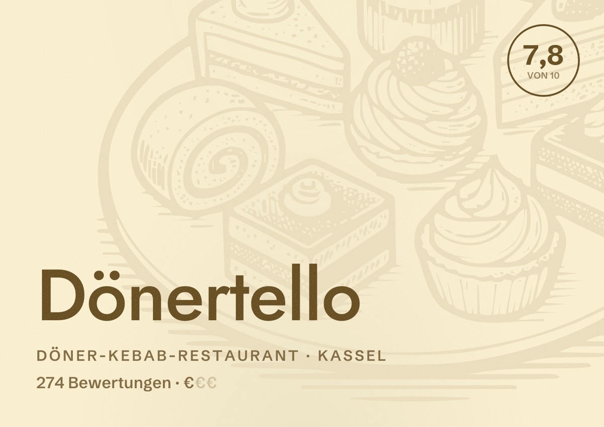 Illustriertes Poster von Dönertello, Döner-Kebab-Restaurant in Kassel: Bewertung 7,8 von 10 aus 274 Bewertungen, Preisniveau €