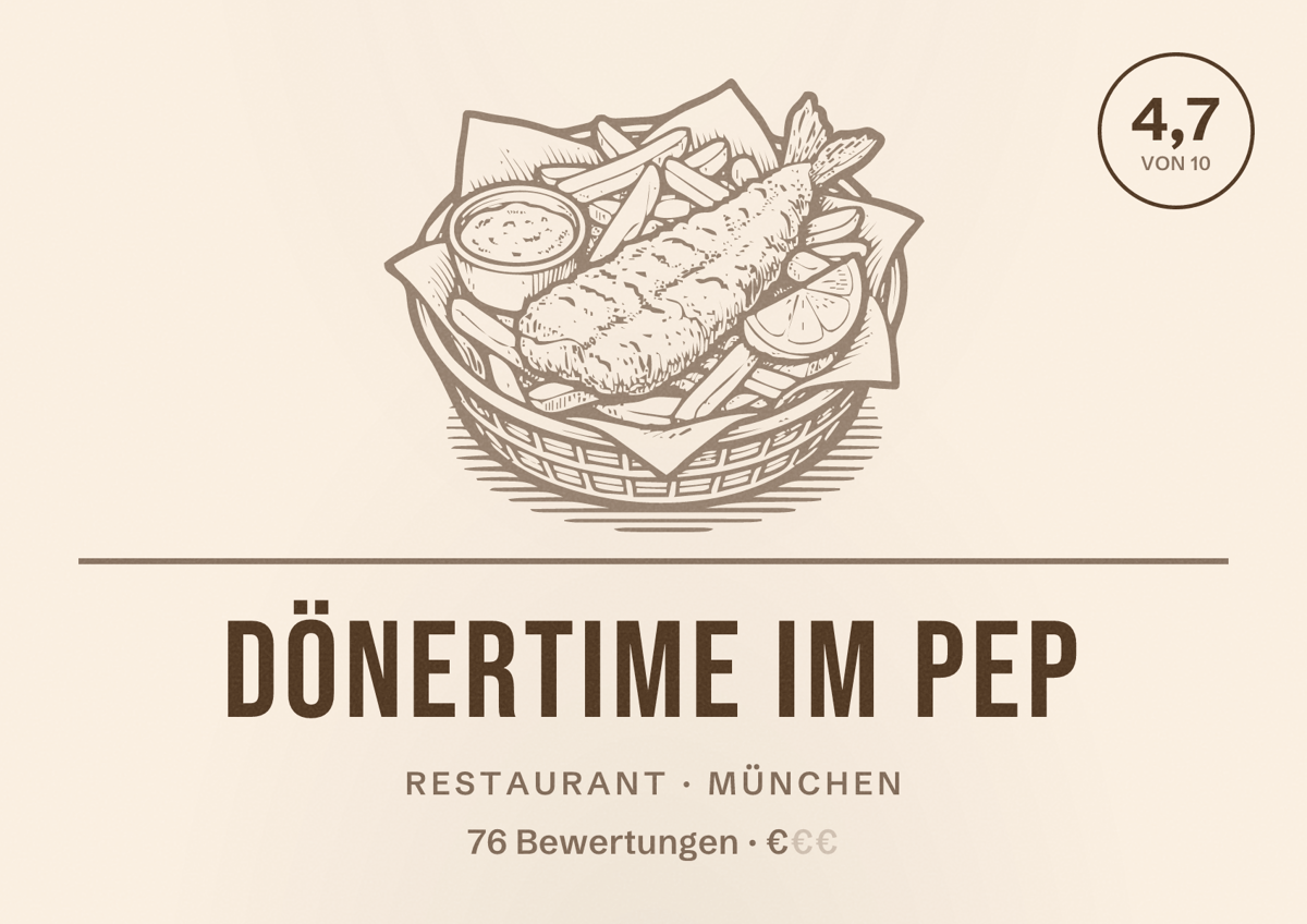 Illustriertes Poster von Dönertime im Pep, Restaurant in München: Bewertung 4,7 von 10 aus 76 Bewertungen, Preisniveau €