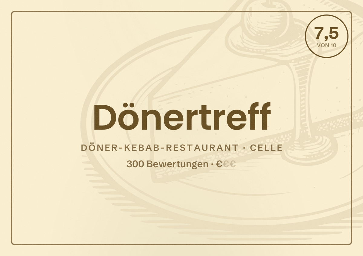 Illustriertes Poster von Dönertreff, Döner-Kebab-Restaurant in Celle: Bewertung 7,5 von 10 aus 300 Bewertungen, Preisniveau €