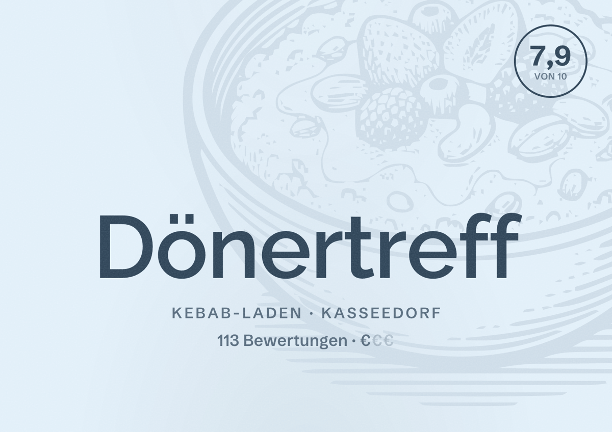 Illustriertes Poster von Dönertreff, Kebab-Laden in Kasseedorf: Bewertung 7,9 von 10 aus 113 Bewertungen, Preisniveau €