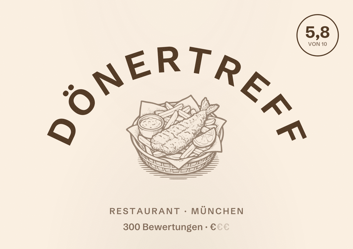 Illustriertes Poster von DönerTreff, Restaurant in München: Bewertung 5,8 von 10 aus 300 Bewertungen, Preisniveau €