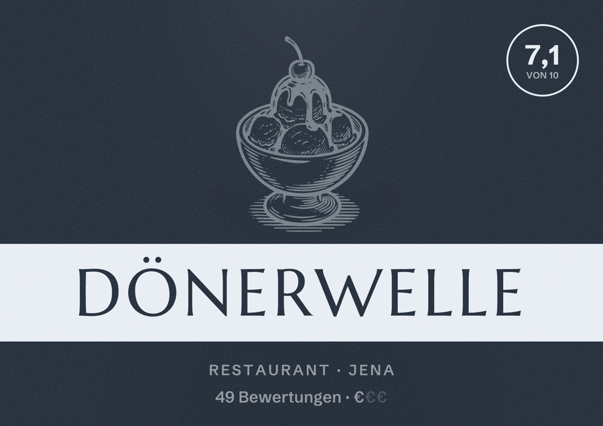 Illustriertes Poster von Dönerwelle, Restaurant in Jena: Bewertung 7,1 von 10 aus 49 Bewertungen, Preisniveau €