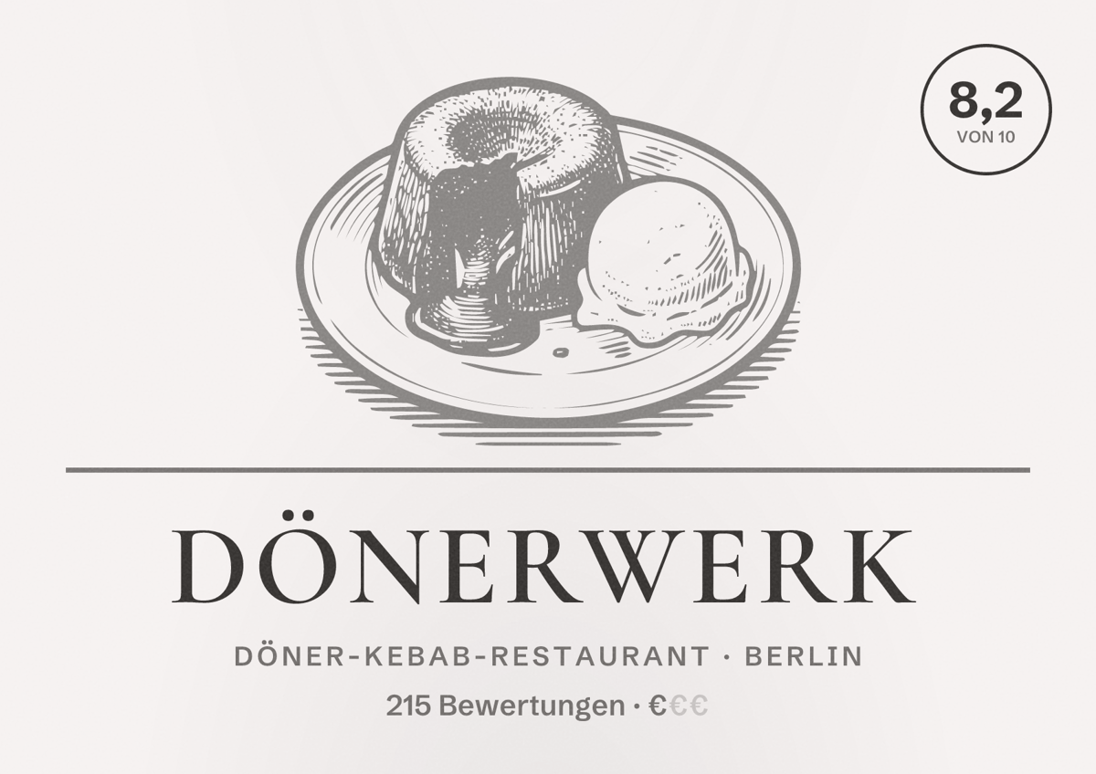 Illustriertes Poster von Dönerwerk, Döner-Kebab-Restaurant in Berlin: Bewertung 8,2 von 10 aus 215 Bewertungen, Preisniveau €