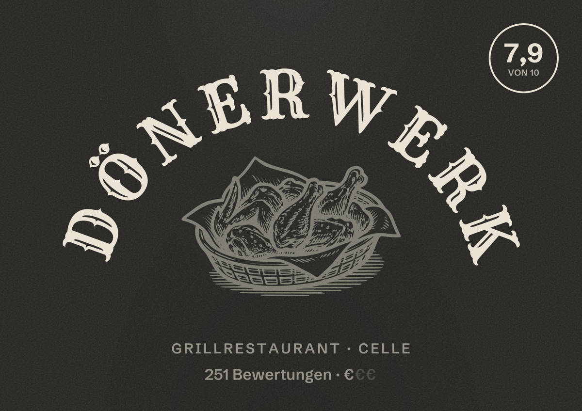 Illustriertes Poster von DönerWerk, Grillrestaurant in Celle: Bewertung 7,9 von 10 aus 251 Bewertungen, Preisniveau €