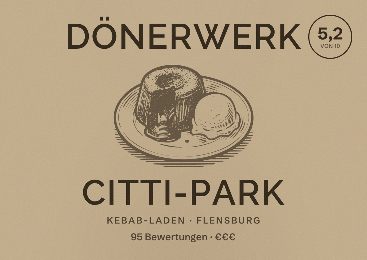 Illustriertes Poster von dönerWERK Citti-Park, Kebab-Laden in Flensburg: Bewertung 5,2 von 10 aus 95 Bewertungen, Preisniveau €€€