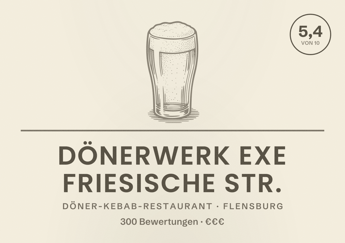 Illustriertes Poster von dönerWERK Exe Friesische Str., Döner-Kebab-Restaurant in Flensburg: Bewertung 5,4 von 10 aus 300 Bewertungen, Preisniveau €€€