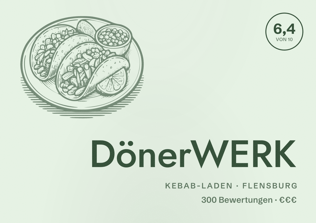 Illustriertes Poster von DönerWERK, Kebab-Laden in Flensburg: Bewertung 6,4 von 10 aus 300 Bewertungen, Preisniveau €€€