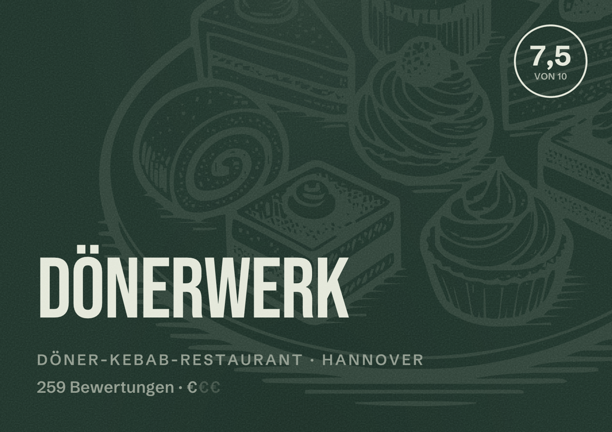 Illustriertes Poster von DönerWerk, Döner-Kebab-Restaurant in Hannover: Bewertung 7,5 von 10 aus 259 Bewertungen, Preisniveau €
