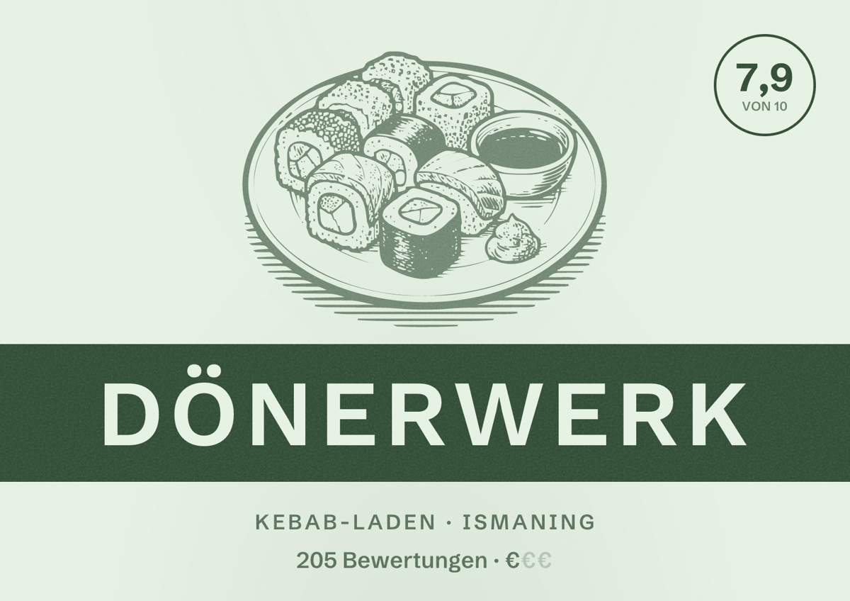 Illustriertes Poster von DönerWerk, Kebab-Laden in Ismaning: Bewertung 7,9 von 10 aus 205 Bewertungen, Preisniveau €