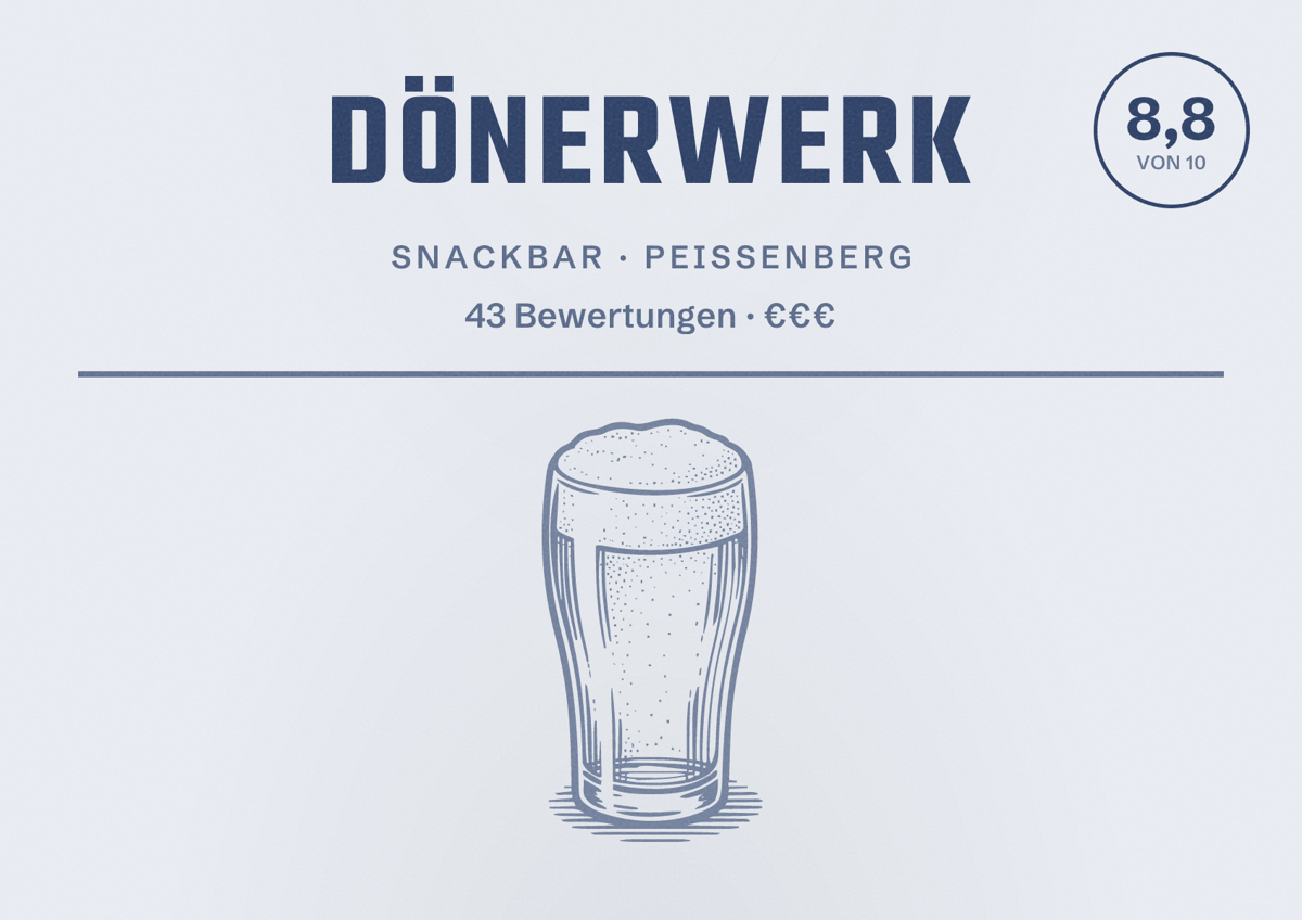 Illustriertes Poster von Dönerwerk, Snackbar in Peißenberg: Bewertung 8,8 von 10 aus 43 Bewertungen, Preisniveau €€€