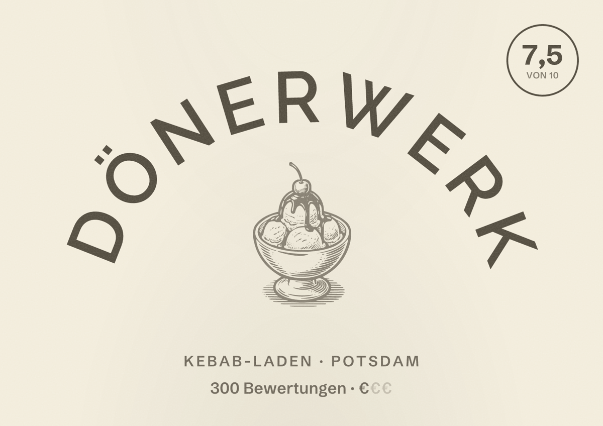 Illustriertes Poster von Dönerwerk, Kebab-Laden in Potsdam: Bewertung 7,5 von 10 aus 300 Bewertungen, Preisniveau €