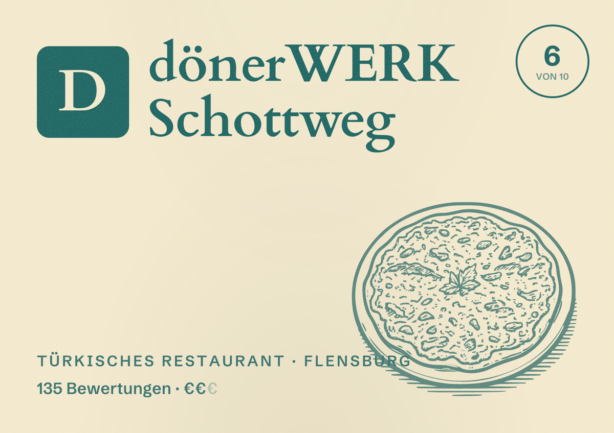 Illustriertes Poster von dönerWERK Schottweg, Türkisches Restaurant in Flensburg: Bewertung 6 von 10 aus 135 Bewertungen, Preisniveau €€