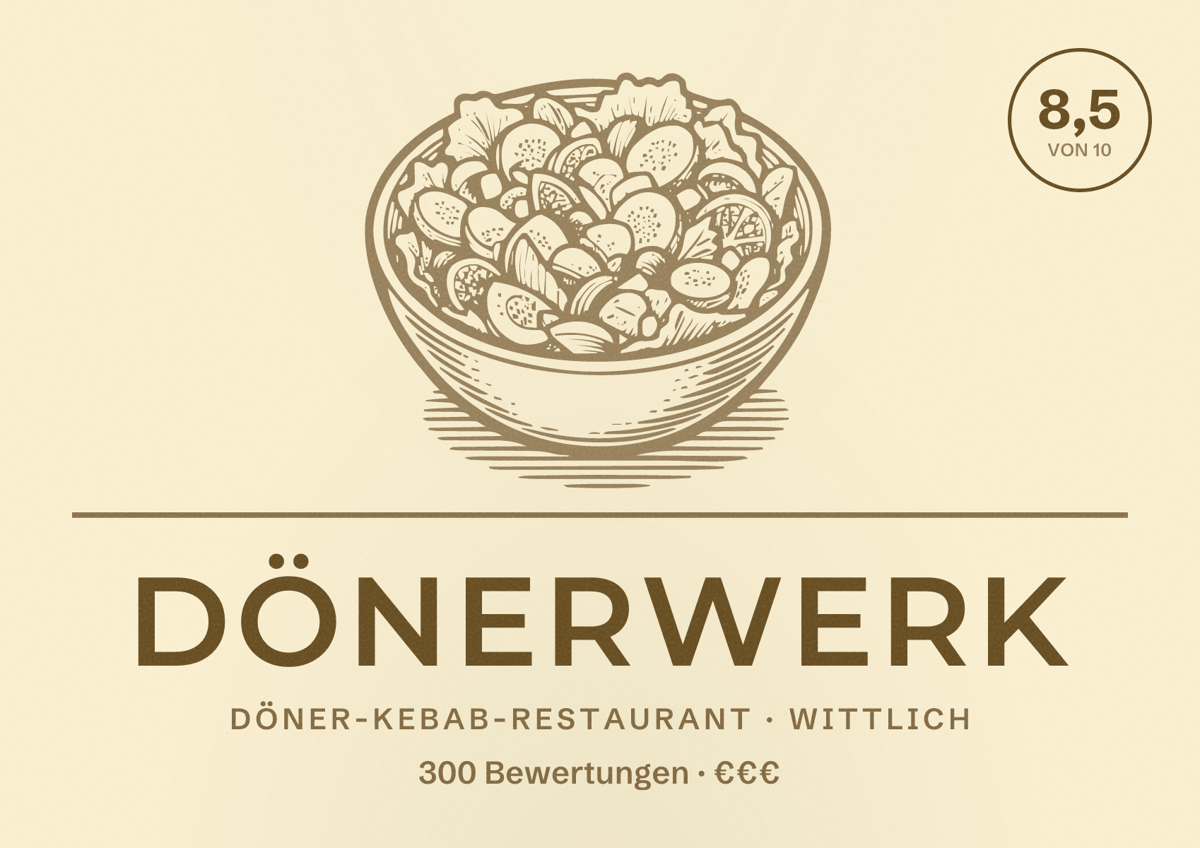 Illustriertes Poster von DönerWerk, Döner-Kebab-Restaurant in Wittlich: Bewertung 8,5 von 10 aus 300 Bewertungen, Preisniveau €€€