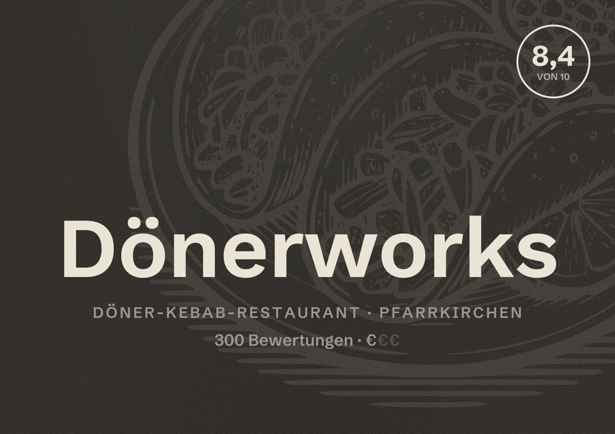Illustriertes Poster von Dönerworks, Döner-Kebab-Restaurant in Pfarrkirchen: Bewertung 8,4 von 10 aus 300 Bewertungen, Preisniveau €
