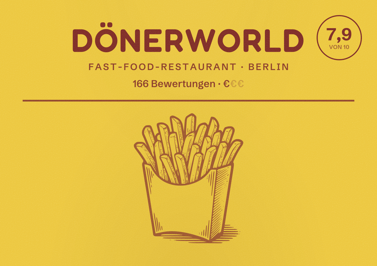 Illustriertes Poster von Dönerworld, Fast-Food-Restaurant in Berlin: Bewertung 7,9 von 10 aus 166 Bewertungen, Preisniveau €