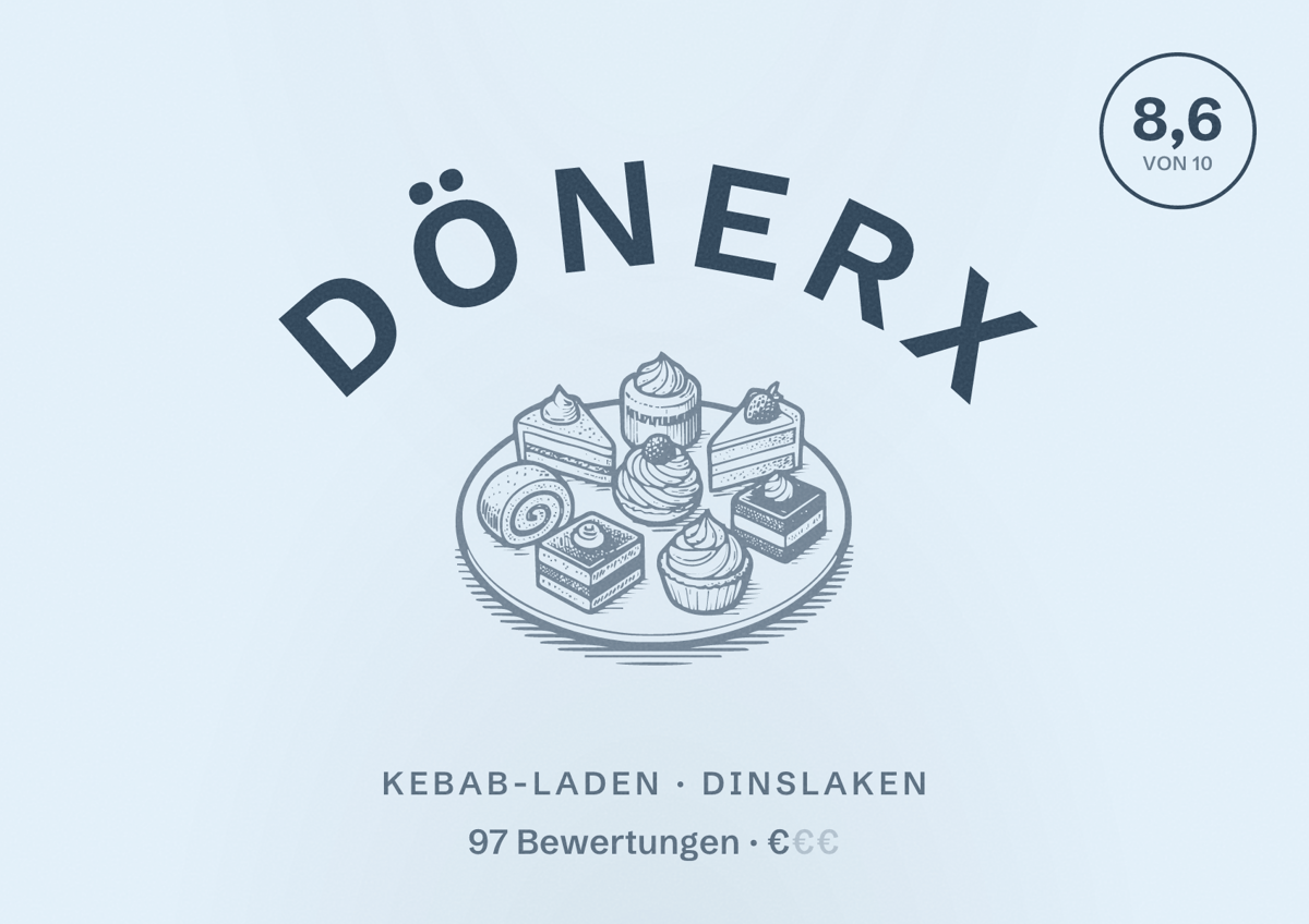 Illustriertes Poster von DönerX, Kebab-Laden in Dinslaken: Bewertung 8,6 von 10 aus 97 Bewertungen, Preisniveau €
