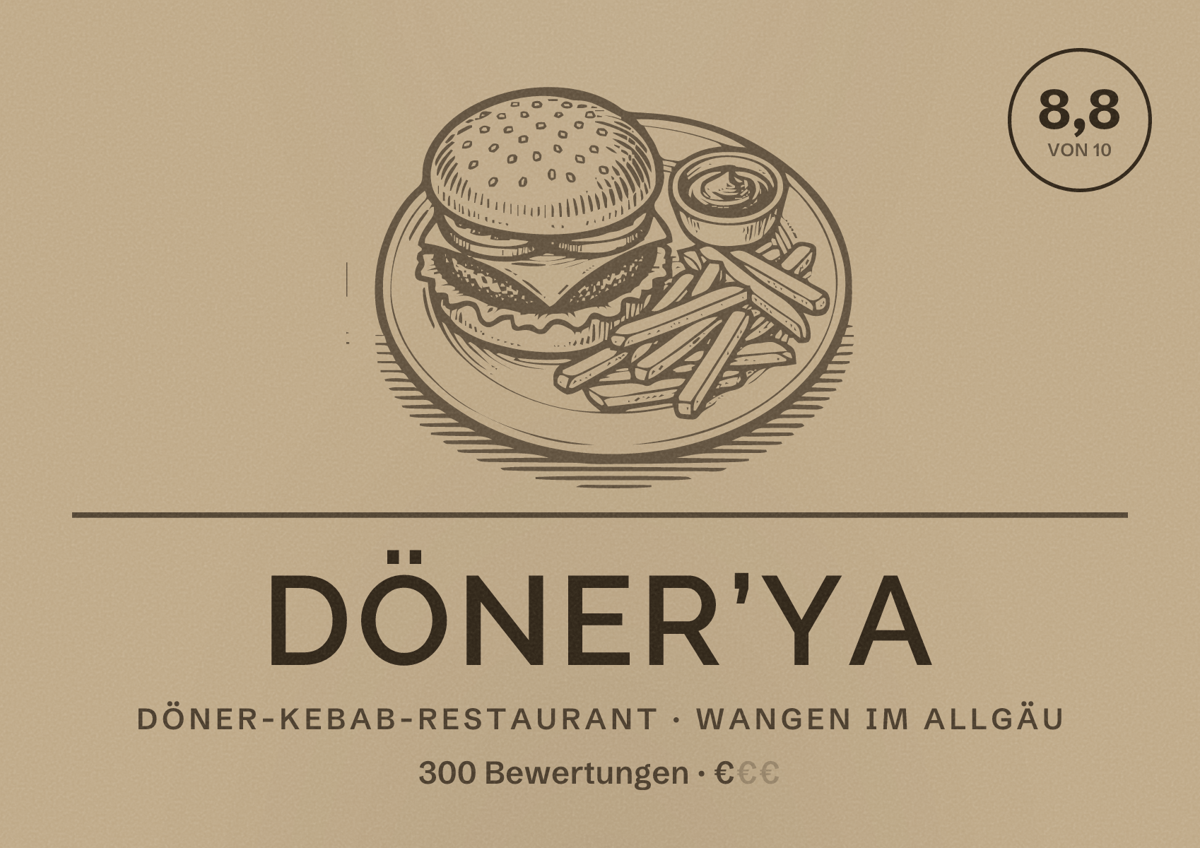 Illustriertes Poster von Döner’ya, Döner-Kebab-Restaurant in Wangen im Allgäu: Bewertung 8,8 von 10 aus 300 Bewertungen, Preisniveau €