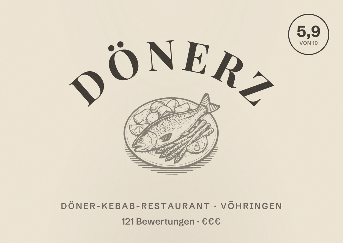 Illustriertes Poster von Dönerz, Döner-Kebab-Restaurant in Vöhringen: Bewertung 5,9 von 10 aus 121 Bewertungen, Preisniveau €€€