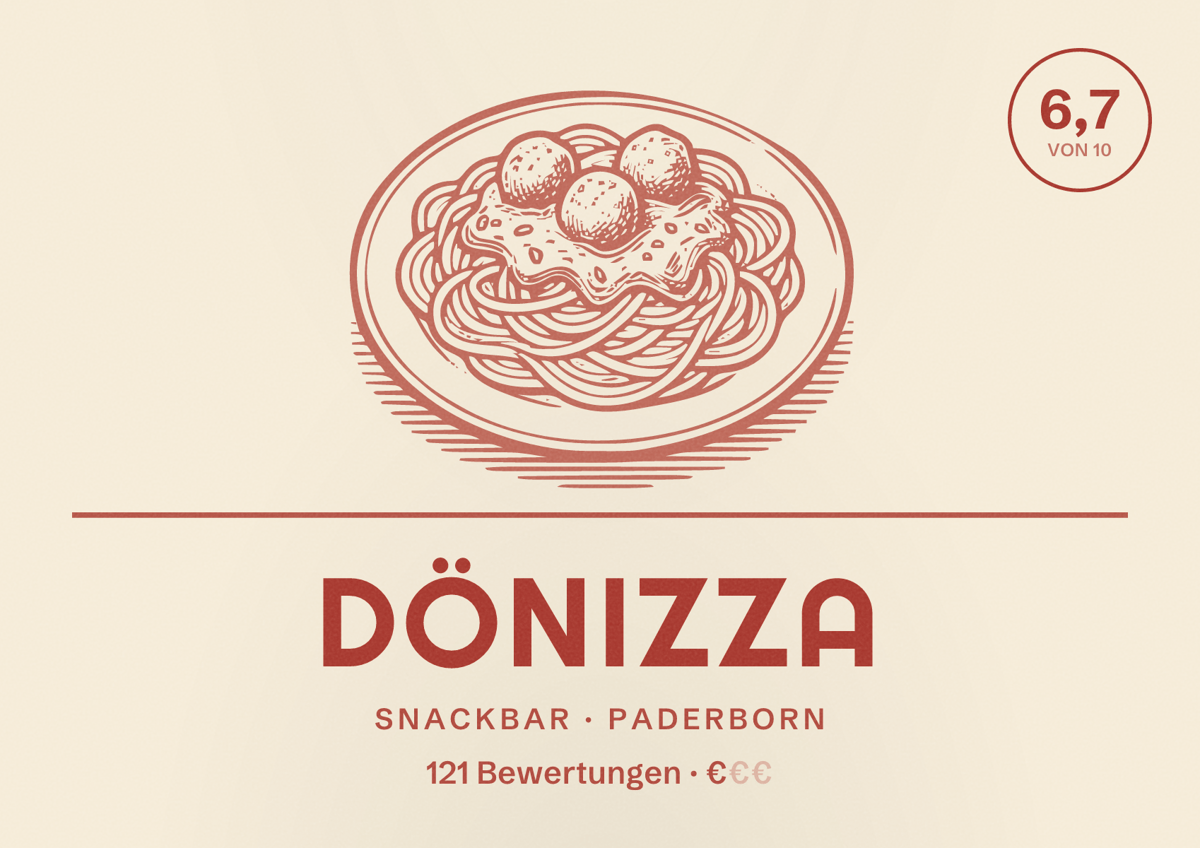 Illustriertes Poster von Dönizza, Snackbar in Paderborn: Bewertung 6,7 von 10 aus 121 Bewertungen, Preisniveau €