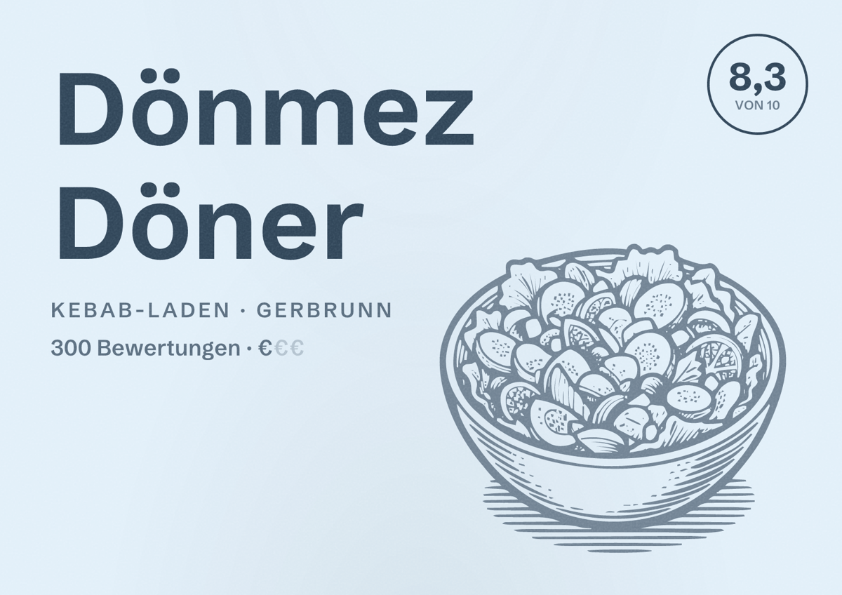 Illustriertes Poster von Dönmez Döner, Kebab-Laden in Gerbrunn: Bewertung 8,3 von 10 aus 300 Bewertungen, Preisniveau €