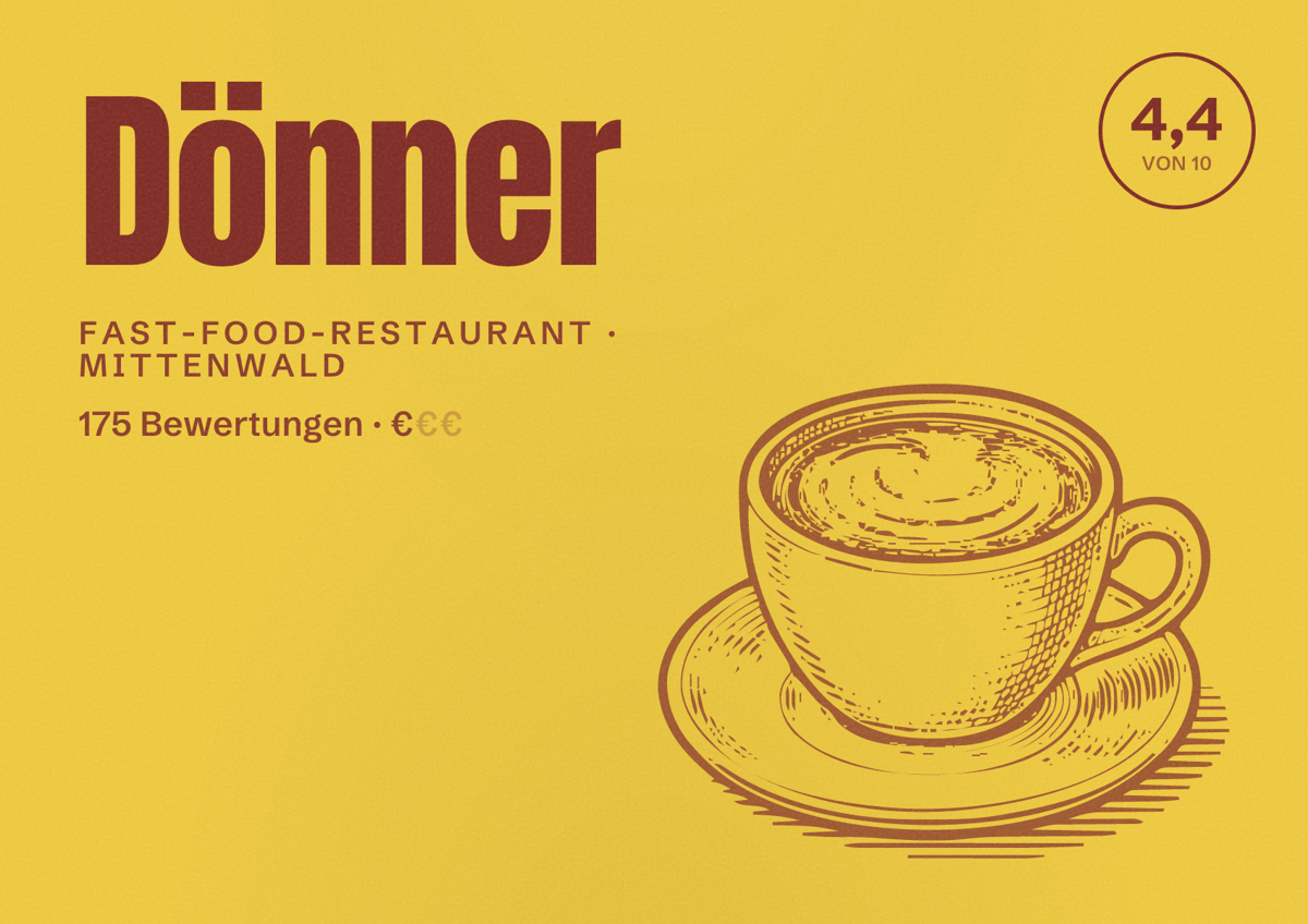 Illustriertes Poster von Dönner, Fast-Food-Restaurant in Mittenwald: Bewertung 4,4 von 10 aus 175 Bewertungen, Preisniveau €