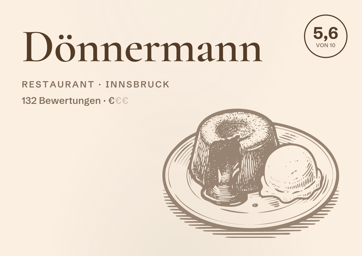 Illustriertes Poster von Dönnermann, Restaurant in Innsbruck: Bewertung 5,6 von 10 aus 132 Bewertungen, Preisniveau €