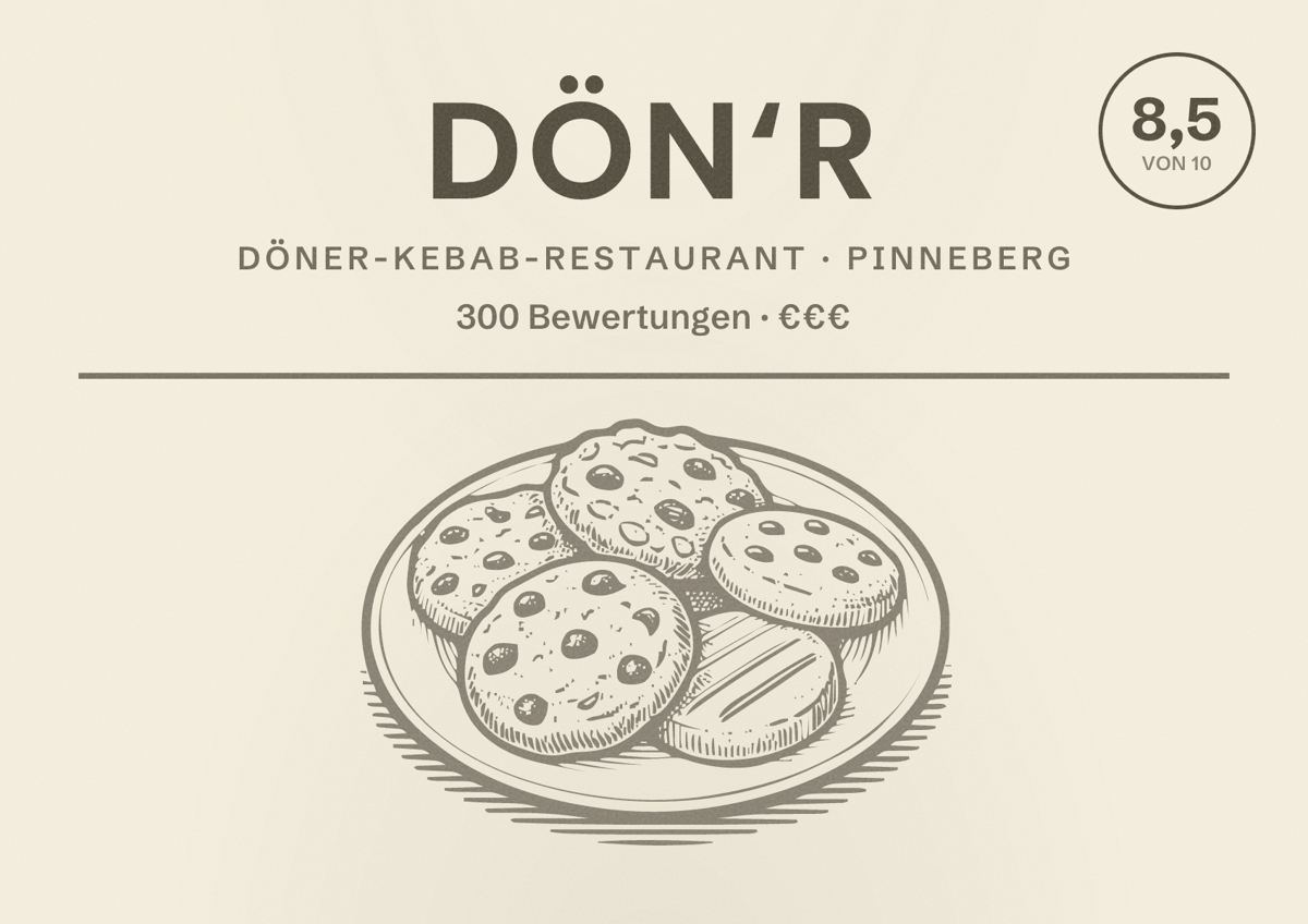 Illustriertes Poster von DÖN‘R, Döner-Kebab-Restaurant in Pinneberg: Bewertung 8,5 von 10 aus 300 Bewertungen, Preisniveau €€€