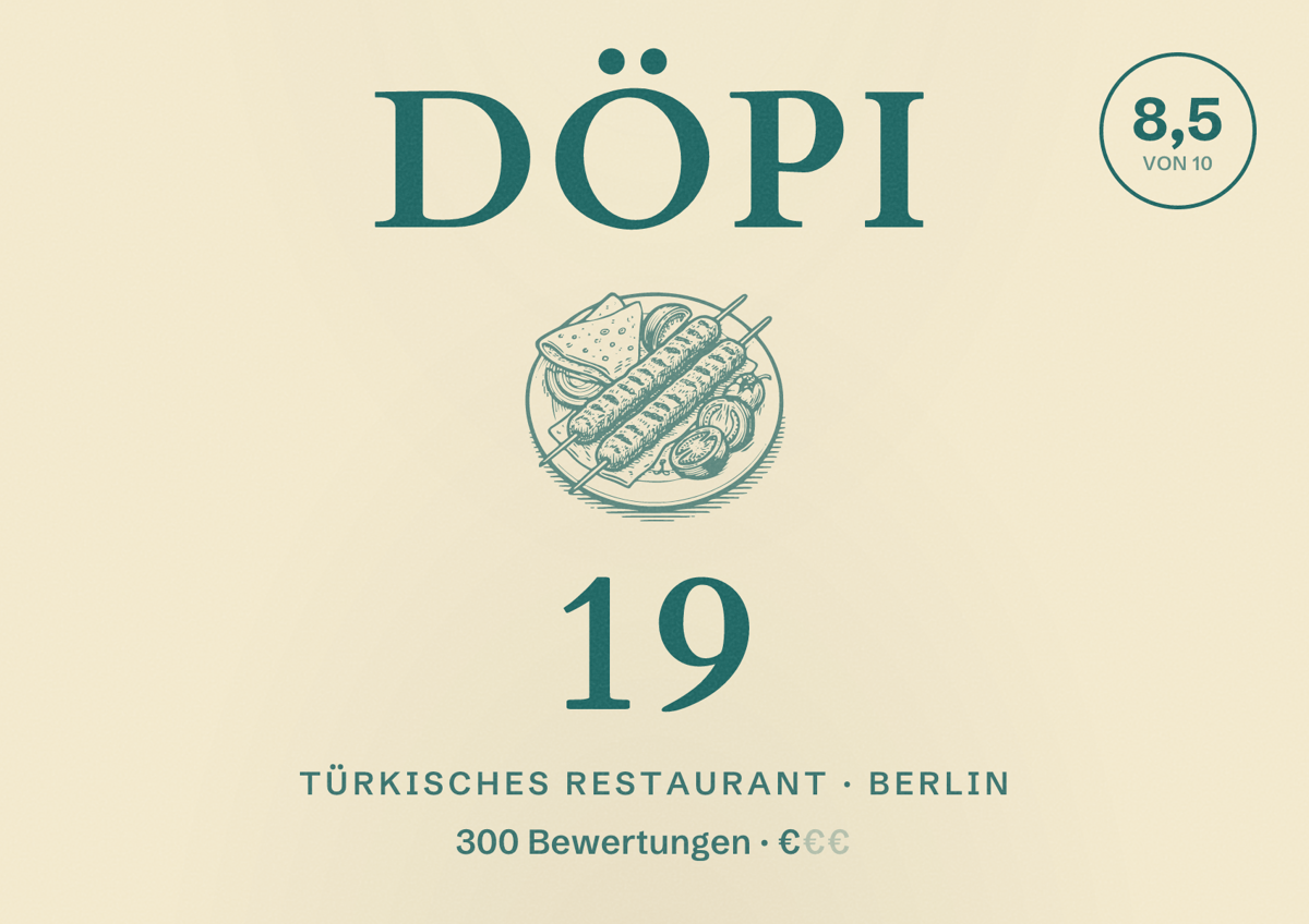 Illustriertes Poster von DöPi 19, Türkisches Restaurant in Berlin: Bewertung 8,5 von 10 aus 300 Bewertungen, Preisniveau €