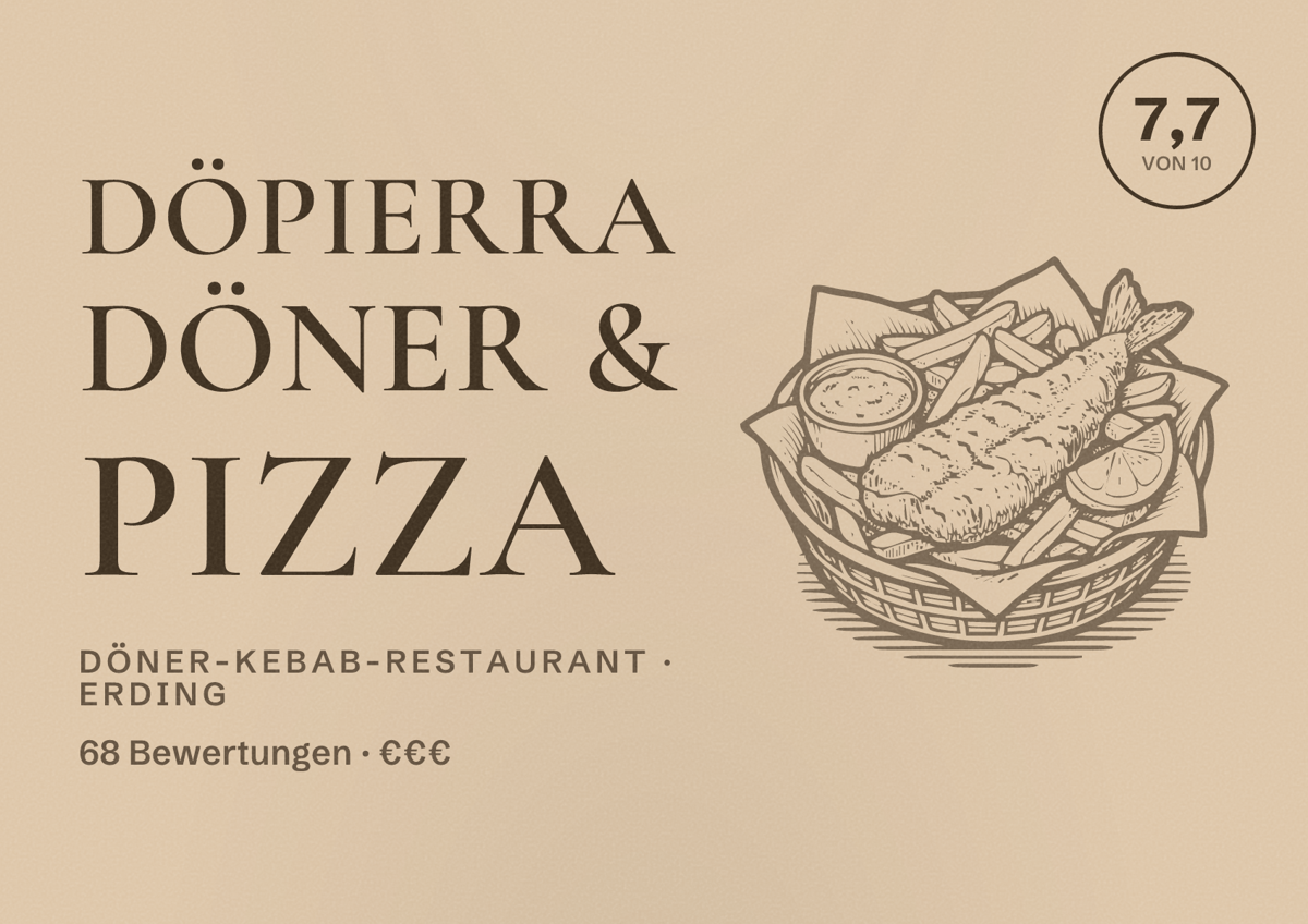 Illustriertes Poster von DöPierra Döner & Pizza, Döner-Kebab-Restaurant in Erding: Bewertung 7,7 von 10 aus 68 Bewertungen, Preisniveau €€€