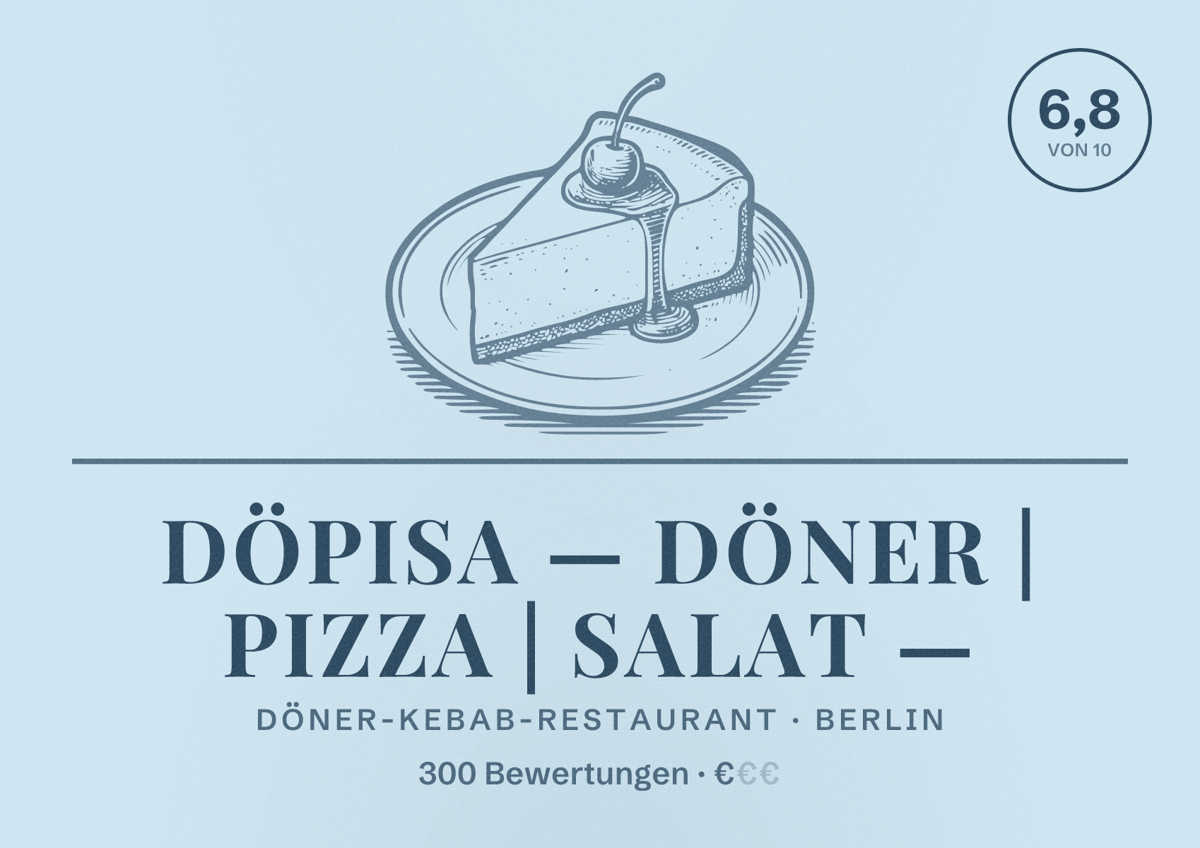 Illustriertes Poster von DöPiSa — Döner | Pizza | Salat —, Döner-Kebab-Restaurant in Berlin: Bewertung 6,8 von 10 aus 300 Bewertungen, Preisniveau €