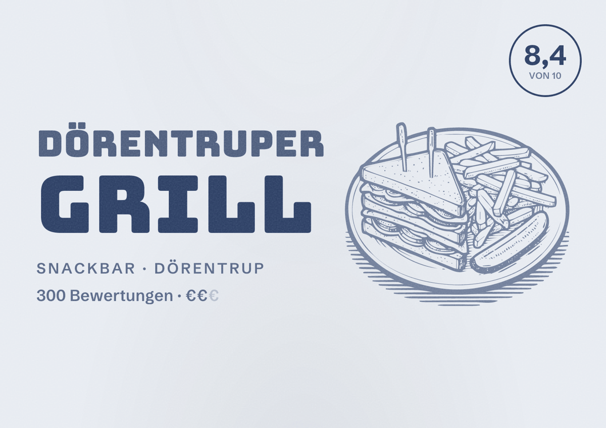 Illustriertes Poster von Dörentruper Grill, Snackbar in Dörentrup: Bewertung 8,4 von 10 aus 300 Bewertungen, Preisniveau €€