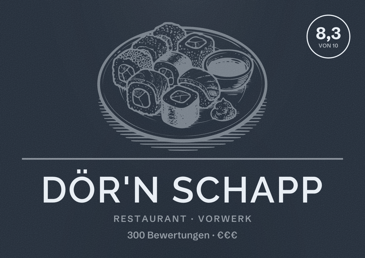 Illustriertes Poster von Dör'n Schapp, Restaurant in Vorwerk: Bewertung 8,3 von 10 aus 300 Bewertungen, Preisniveau €€€